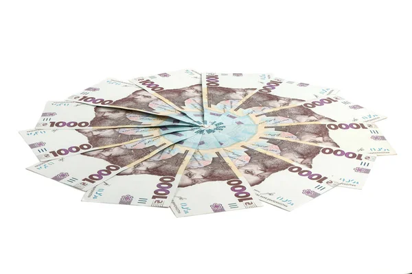 Cirkel Van Oekraïens Geld Duizend Bankbiljetten Hryvnia Geïsoleerd Witte Achtergrond — Stockfoto