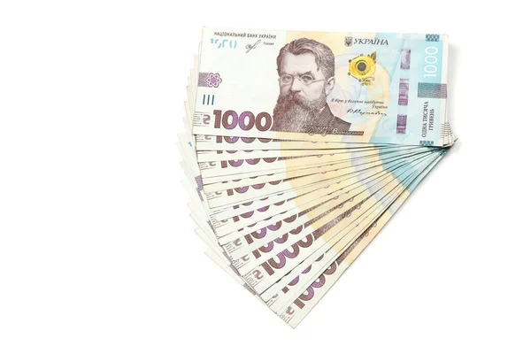 Duizend Bankbiljetten Hryvnia Liggend Een Hoop Geïsoleerd Witte Achtergrond Hoge — Stockfoto