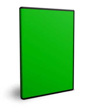 Sunum düzeni ve tasarım için DVD kutusu boş şablonu yeşil. 3 boyutlu görüntüleme. Dijital olarak oluşturulmuş resim. Beyaz arkaplanda izole.