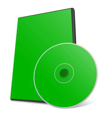 Sunum düzeni ve tasarım için DVD kutusu boş şablonu yeşil. 3 boyutlu görüntüleme. Dijital olarak oluşturulmuş resim. Beyaz arkaplanda izole.