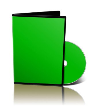 Sunum düzeni ve tasarım için DVD kutusu boş şablonu yeşil. 3 boyutlu görüntüleme. Dijital olarak oluşturulmuş resim. Beyaz arkaplanda izole.