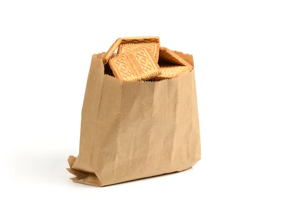 Open Full Paper Disposable Bag Brown Kraft Paper Isolated White — Stock Photo, Image