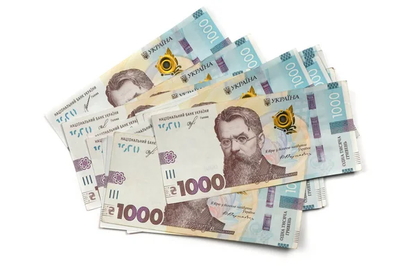 Duizend Bankbiljetten Hryvnia Liggend Een Hoop Geïsoleerd Witte Achtergrond Hoge — Stockfoto