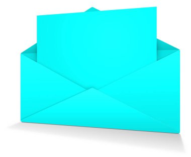 Sunum düzeni ve tasarımı için Cyan Postal boş şablonu. 3 boyutlu görüntüleme. Dijital olarak oluşturulmuş resim. Beyaz arkaplanda izole.