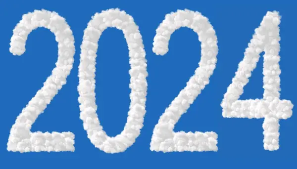 New Year2024. Clouds in shape of the letter 2024 isolated on blue. High resolution photo.