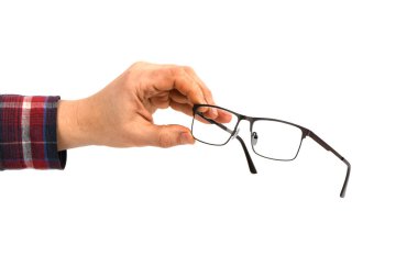 Beyaz arka planda izole edilmiş, siyah plastik gözlüklü. Yüksek çözünürlüklü. Tam alan derinliği.