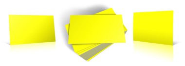 Sunum düzeni ve tasarım için üç iş kartı sarı şablon çizer. 3 boyutlu görüntüleme. Dijital olarak oluşturulmuş resim. Beyaz arkaplanda izole.