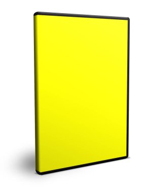 Sunum düzeni ve tasarım için DVD kutusu boş şablonu sarısı. 3 boyutlu görüntüleme. Dijital olarak oluşturulmuş resim. Beyaz arkaplanda izole.