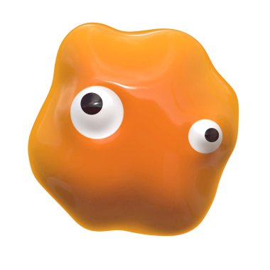 Beyaz arkaplanda gözleri olan soyut şekilli plastik leke. Arkaplan sunumu için doku temalı çocuk ürünleri. Dökülmüş yapışkan sümük..