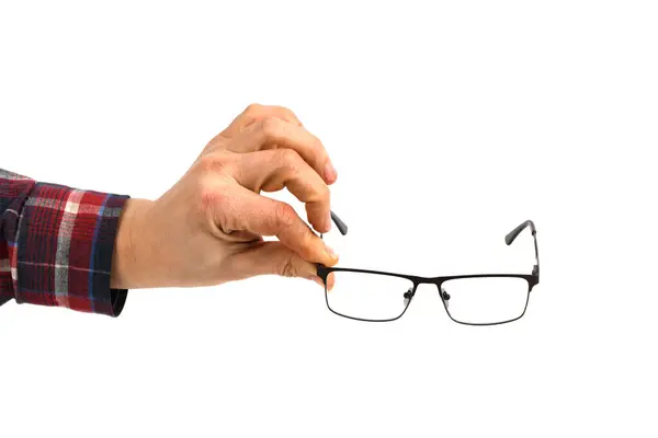 Ruka Drží Plastové Černé Brýle Izolované Bílém Pozadí Fotka Vysokém Stock Snímky