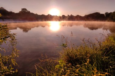 Yazın vahşi göl üzerinde puslu bir gün doğumu. Gölün üzerinde sabah sisi. Vahşi bir gölün üzerinde gün doğumu.