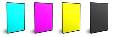DVD kutusu boş şablon siyah, cyan, sarı ve morumsu (CMYK) tasarım ve sunum düzeni için. 3 boyutlu görüntüleme. Dijital olarak oluşturulmuş resim. Beyaz arkaplanda izole.
