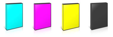 DVD kutusu boş şablon siyah, cyan, sarı ve morumsu (CMYK) tasarım ve sunum düzeni için. 3 boyutlu görüntüleme. Dijital olarak oluşturulmuş resim. Beyaz arkaplanda izole.