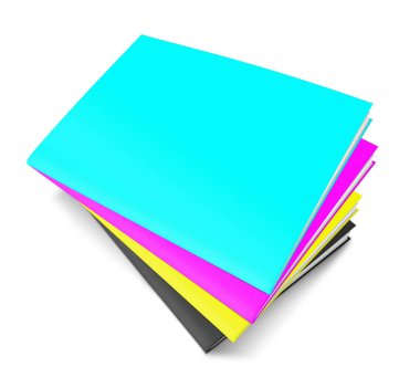 Sunum düzeni ve tasarım için dört CMYK boş şablon siyah, cyan, sarı ve morumsu. 3 boyutlu görüntüleme. Dijital olarak oluşturulmuş resim. Beyaz arkaplanda izole.