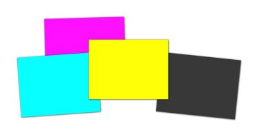 Sunum düzeni ve tasarımı için CMYK Raporu ya da ekran görüntüsü boş şablonu siyah, cyan, sarı, morumsu. 3 boyutlu görüntüleme. Dijital olarak oluşturulmuş resim. Beyaz arkaplanda izole.