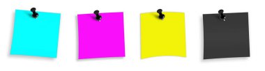 CMYK Yapıştırma Boş şablon siyah, cyan, sarı, morumsu, sunum düzeni ve tasarım için. 3 boyutlu görüntüleme. Dijital olarak oluşturulmuş resim. Beyaz arkaplanda izole.