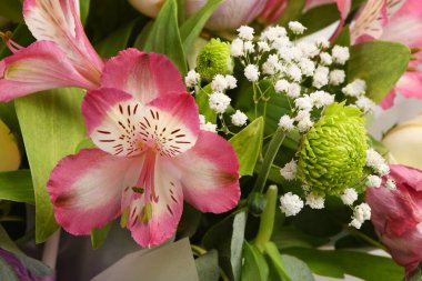 Bir buket çiçek, kasımpatı, gül, zambak, karanfil. Çiçeklerin arkaplanı.