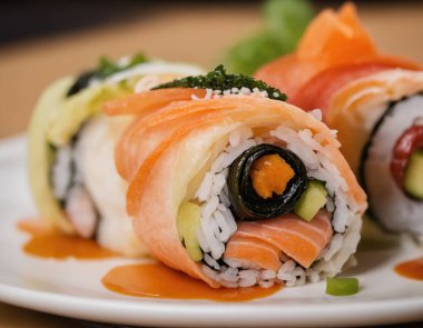 Somon, karides, avokado ve krem peynirli suşi. Suşi menüsü. Japon yemeği. Yapay zeka görüntü oluşturdu. Seçici odak. 