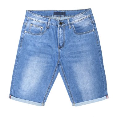 Mavi Denim pantolonu beyaz arka planda. Ön görünüm.