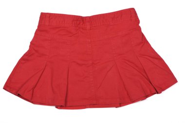 Kırmızı mini etek. Kırmızı etek beyaz arka planda izole edilmiş. Ön ve arka görünüm.