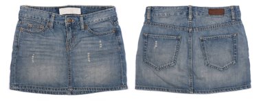 Mavi kot mini etek. Denim eteği beyaz arka planda izole edilmiş. Kot, giysi, Denim. Ön ve arka görünüm.