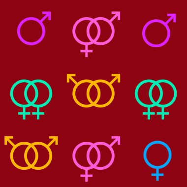 LGBT erkek ve kadın sembollerinden oluşan kusursuz bir desen. Mars ve Venüs ikonları. Baskı, tekstil, ambalaj, duvar kağıdı, web sitesi için illüstrasyon cinsel yönelim ve cinsiyet şablonu.