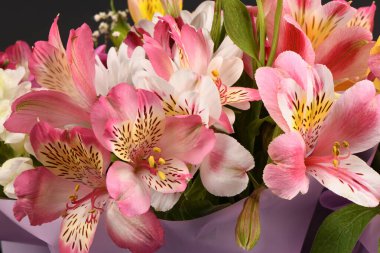 Bir buket çiçek, kasımpatı, gül, zambak, karanfil. Yüksek çözünürlüklü. Tam alan derinliği.