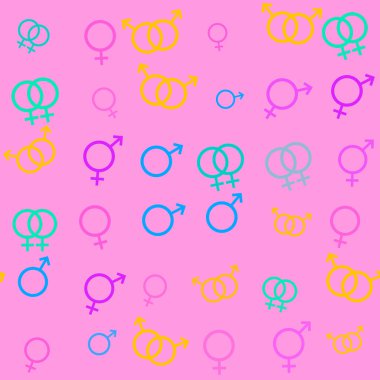 LGBT erkek ve kadın sembollerinden oluşan kusursuz bir desen. Mars ve Venüs ikonları. Baskı, tekstil, ambalaj, duvar kağıdı, web sitesi için illüstrasyon cinsel yönelim ve cinsiyet şablonu.