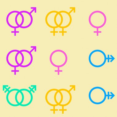 LGBT erkek ve kadın sembollerinden oluşan kusursuz bir desen. Mars ve Venüs ikonları. Baskı, tekstil, ambalaj, duvar kağıdı, web sitesi için illüstrasyon cinsel yönelim ve cinsiyet şablonu.