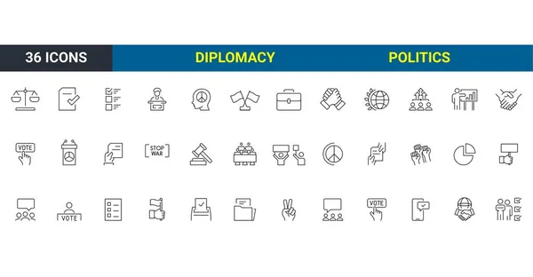 Set Van Politiek Diplomatie Stemmen Gerelateerde Vectorlijn Pictogrammen Handen Omhoog — Stockvector