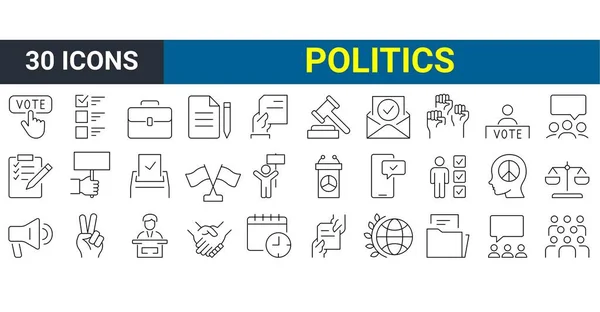 Conjunto Políticas Diplomacia Votaciones Relacionadas Vector Line Iconos Levantando Manos — Archivo Imágenes Vectoriales