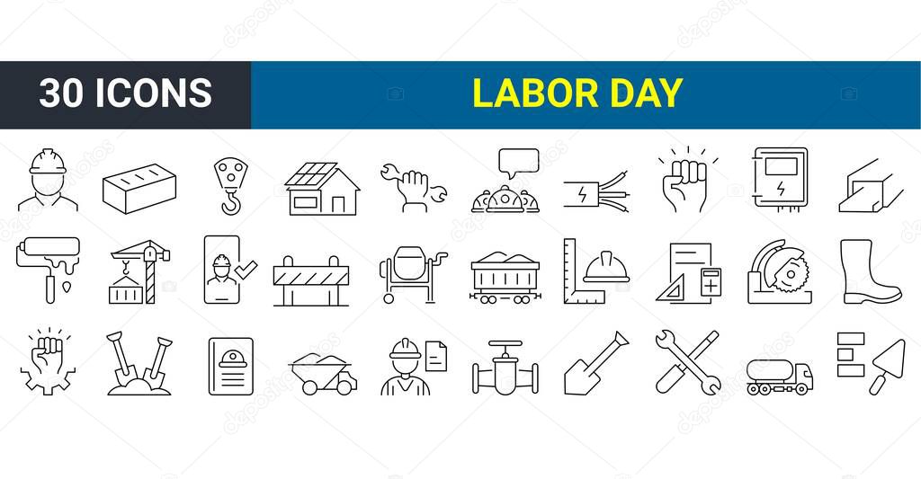 Set of 30 line icons related to labor day, construction, renovation. Outline icon collection. Vector illustration. Editable stroke.