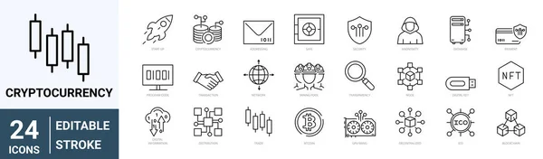 Set Icone Web Linea Cryptocurrency Economy Pacchetto Blockchain Bitcoin Nft — Vettoriale Stock