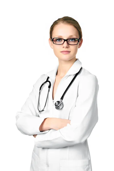 Médico Femenino Con Estetoscopio Aislado Sobre Fondo Blanco —  Fotos de Stock