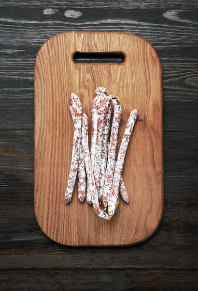 Salami Sausages Wooden Background — Stock Photo, Image