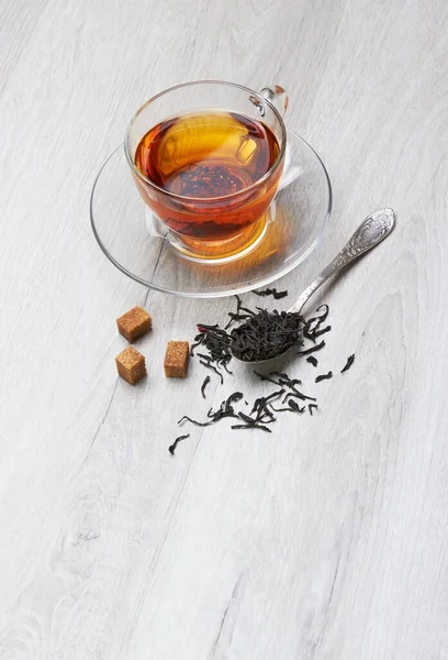Xícara Chá Colher Açúcar Fundo Madeira Leve — Fotografia de Stock
