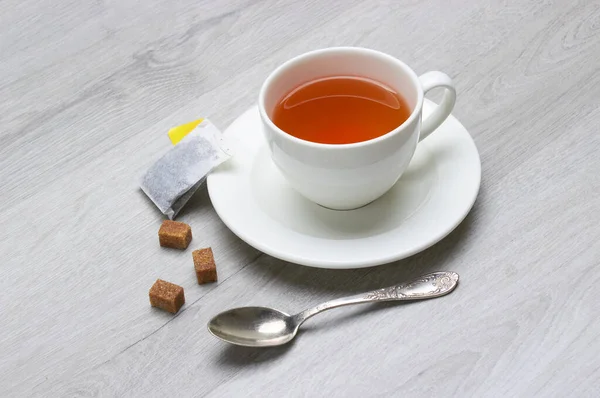 Kupa Tea Teafilter Kanál Cukor Könnyű Háttér — Stock Fotó