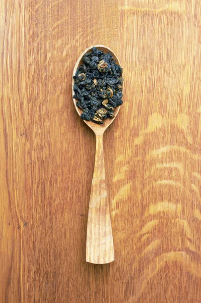 Čaj Dřevěné Lžíci Dřevěném Pozadí — Stock fotografie