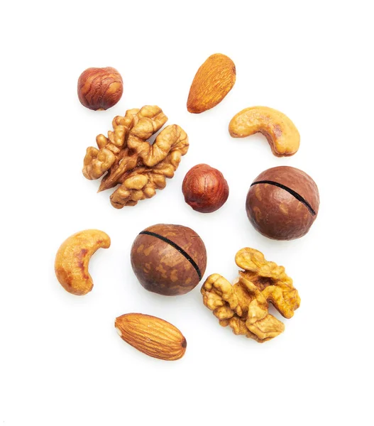 Vzorek Ořechové Směsi Lískový Ořech Makadamie Mandle Vlašské Ořechy Kešu — Stock fotografie