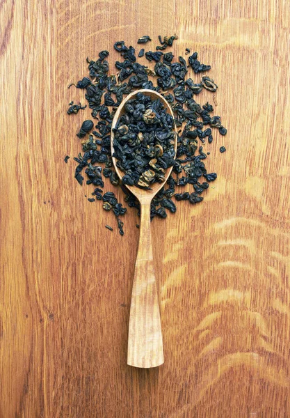 Tea Wooden Spoon Wooden Background — Stock Photo, Image