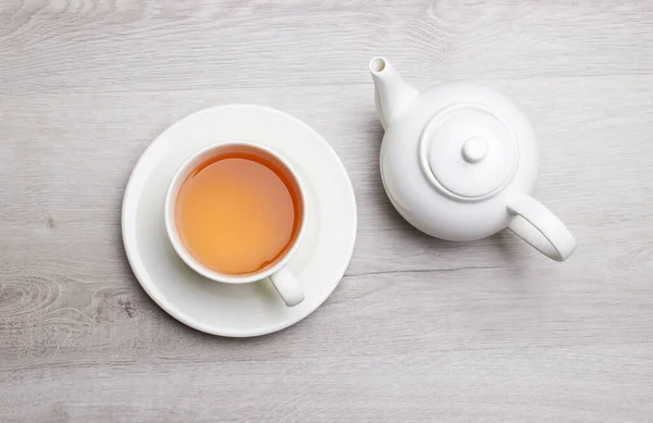 Чашка Чая Чайник Светлом Деревянном Фоне — стоковое фото