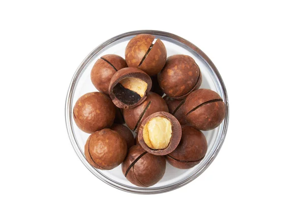 Makadamia Ořechy Misce Izolované Bílém Pozadí — Stock fotografie