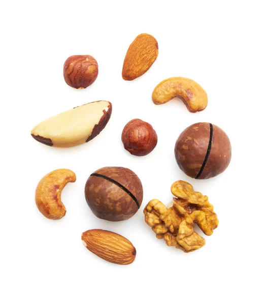 Vzorek Ořechové Směsi Lískový Ořech Makadamie Mandle Vlašské Ořechy Kešu — Stock fotografie