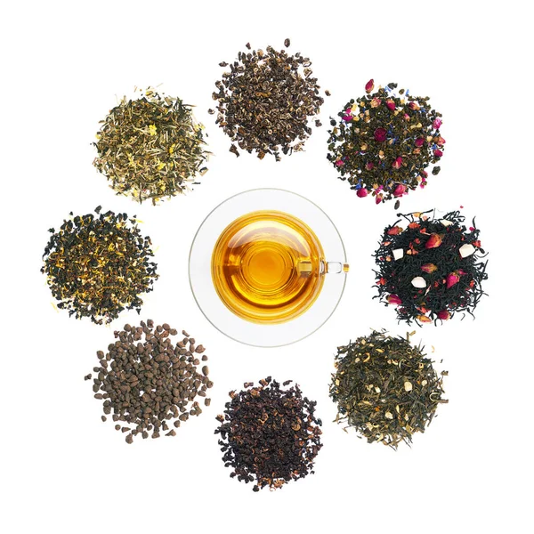 Set Von Teehaufen Eine Tasse Tee Isoliert Auf Weißem Hintergrund — Stockfoto