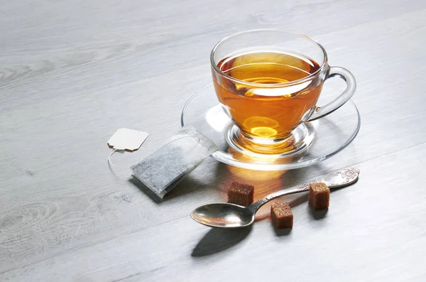 Kupa Tea Teafilter Kanál Cukor Könnyű Háttér — Stock Fotó