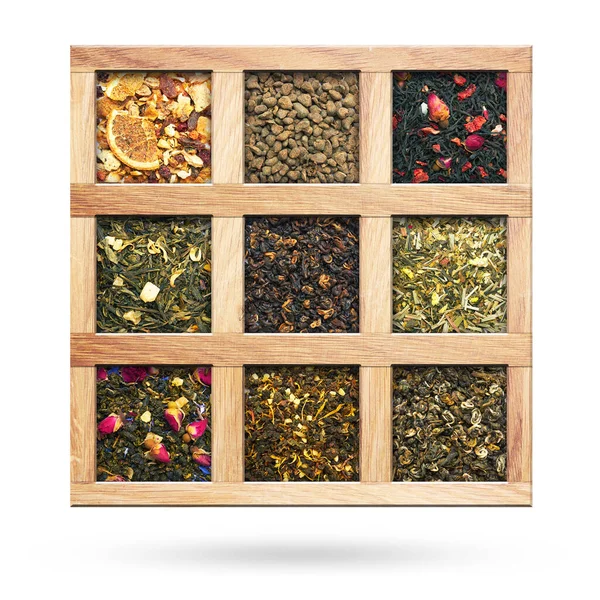 Set Tea Heapes Wooden Box Isolated White Background — Stock Photo, Image