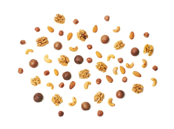 Pattern Nuts Mix Hazelnut Macadamia Almonds Walnut Cashew Isolated White — Stock Photo, Image