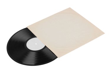 Beyaz kağıt çantada plak kaydı. Vinil zarf. Analog ses. Klasik ses kaydı. Beyaz arkaplanda izole