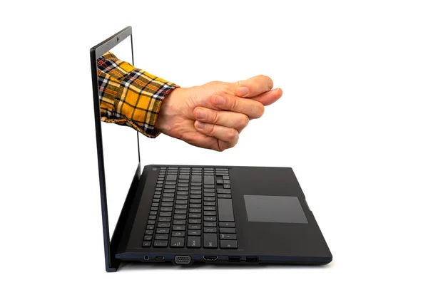 Die Hand Zeigt Eine Feige Vom Computermonitor Auf Weißem Hintergrund — Stockfoto