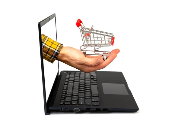 電子商取引の概念 ショッピングカートで手 ノートパソコンの画面を突き出す — ストック写真